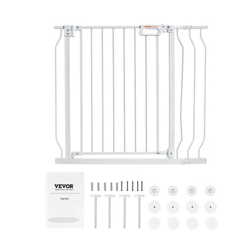 White baby gate from Everything Baby, 749-990mm wide and 762mm high, ideal for stairs and doorways, safety gate for kids and pets.