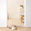White baby gate by Everything Baby, extra wide 749-990mm, 762mm high, for stairs, doorways, and house safety.