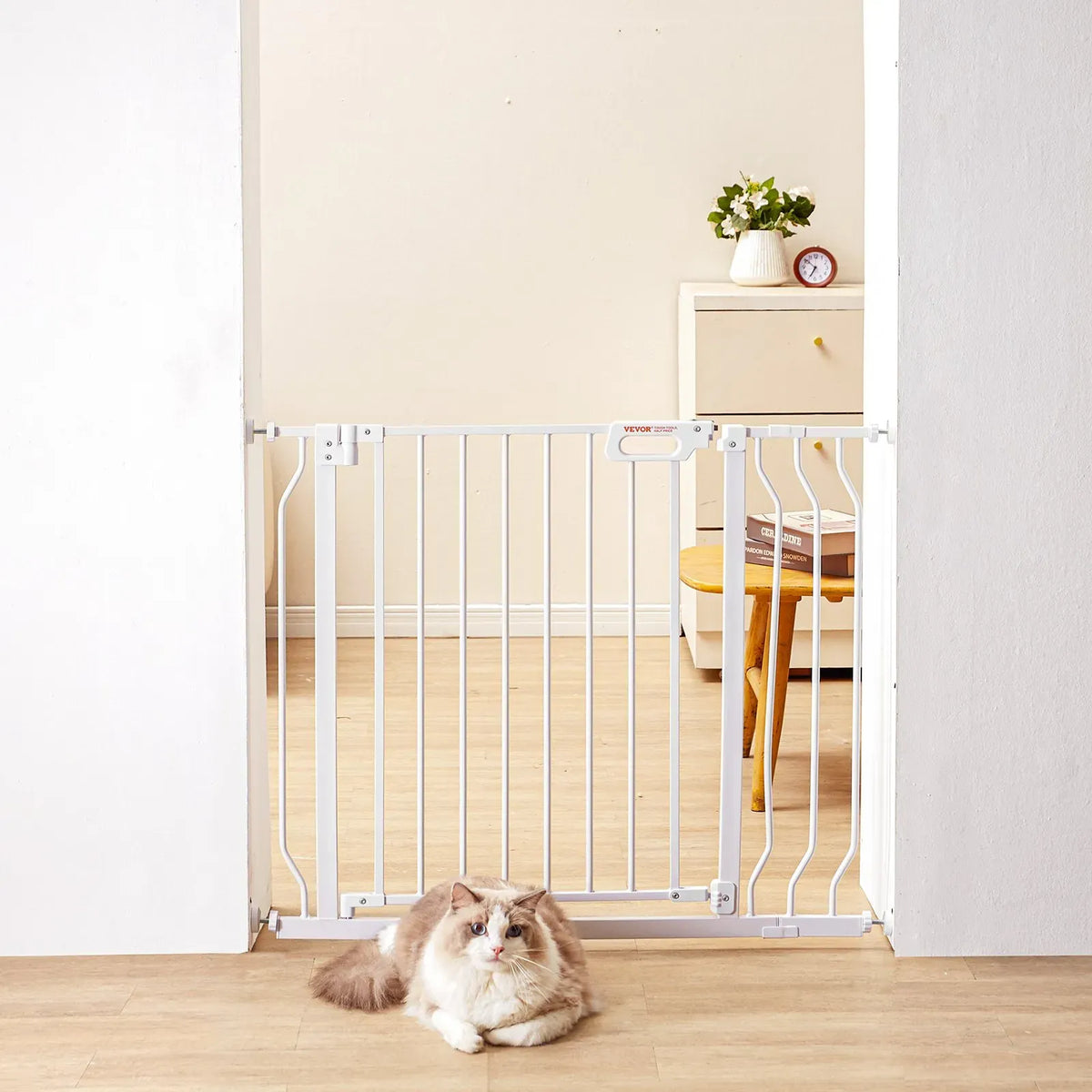 White baby gate by Everything Baby, extra wide 749-990mm, 762mm high, for stairs, doorways, and house safety.