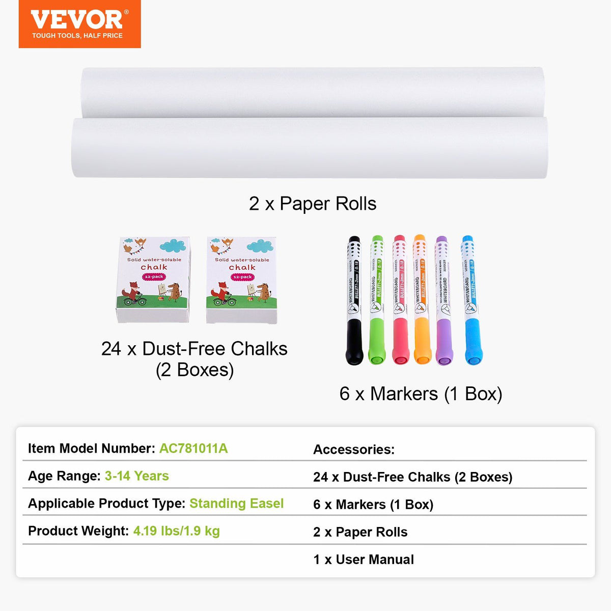 32-piece kid's art easel accessory set with chalks, dry-erase markers, and paper rolls for children's art and drawing activities