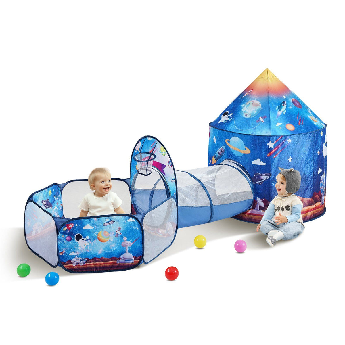 Royal blue 3-in-1 kids play tent with tunnel by Everything Baby, featuring rocket theme, suitable for boys, girls, babies, and toddlers.