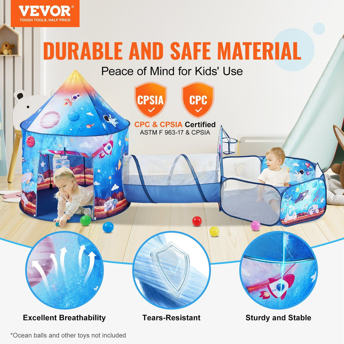 Royal blue 3-in-1 kids play tent with tunnel, rocket theme, suitable for boys, girls, babies, and toddlers, by Everything Baby.