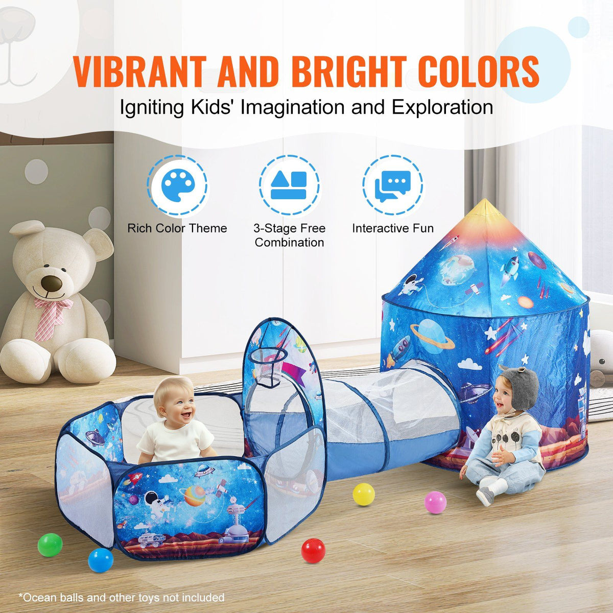 Royal blue 3-in-1 kids play tent with tunnel by Everything Baby, featuring rocket theme for boys, girls, babies, and toddlers.