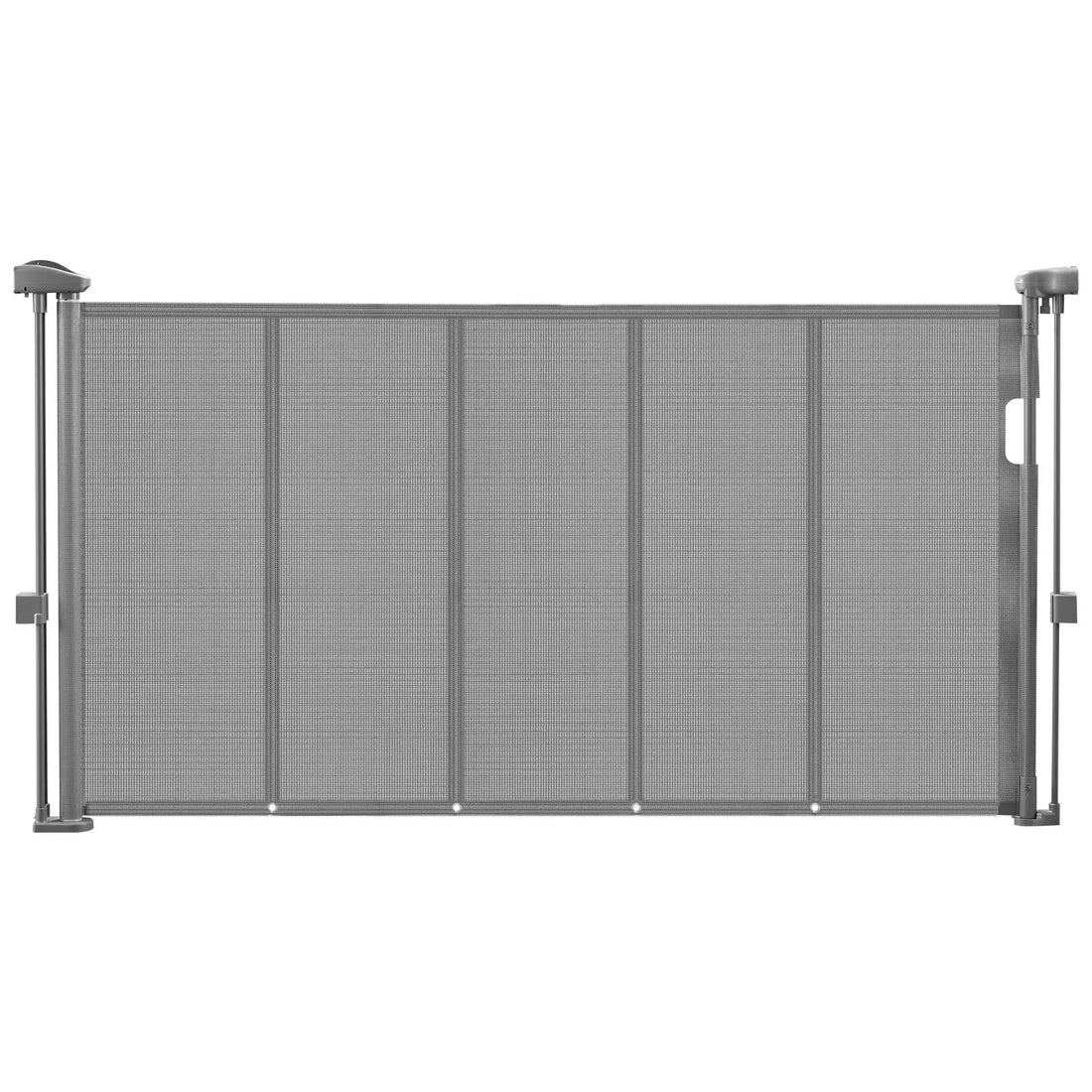 Gray retractable baby gate extending up to 1400 mm, mesh material, ideal for doorways, hallways, and playrooms.