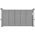 Gray retractable baby gate extending up to 1400 mm, mesh material, ideal for doorways, hallways, and playrooms.