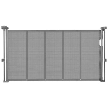 Gray retractable baby gate extending up to 1400 mm, mesh material, ideal for doorways, hallways, and playrooms.