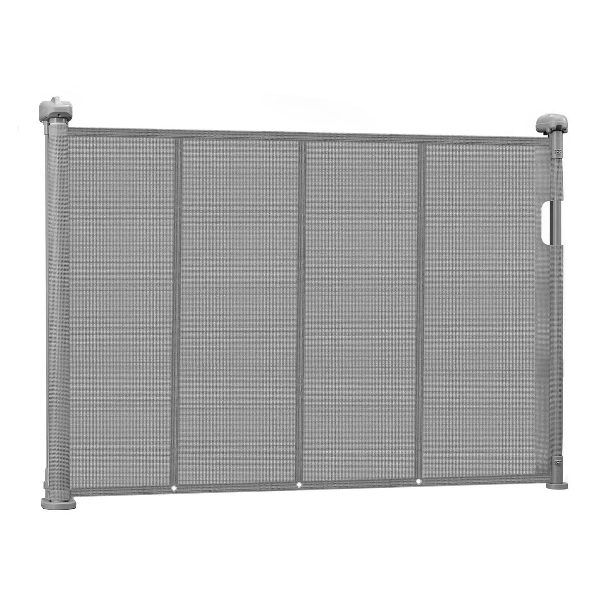 Gray retractable baby gate made of mesh, extends up to 1400 mm wide, ideal for doorways, hallways, and playrooms by Everything Baby.