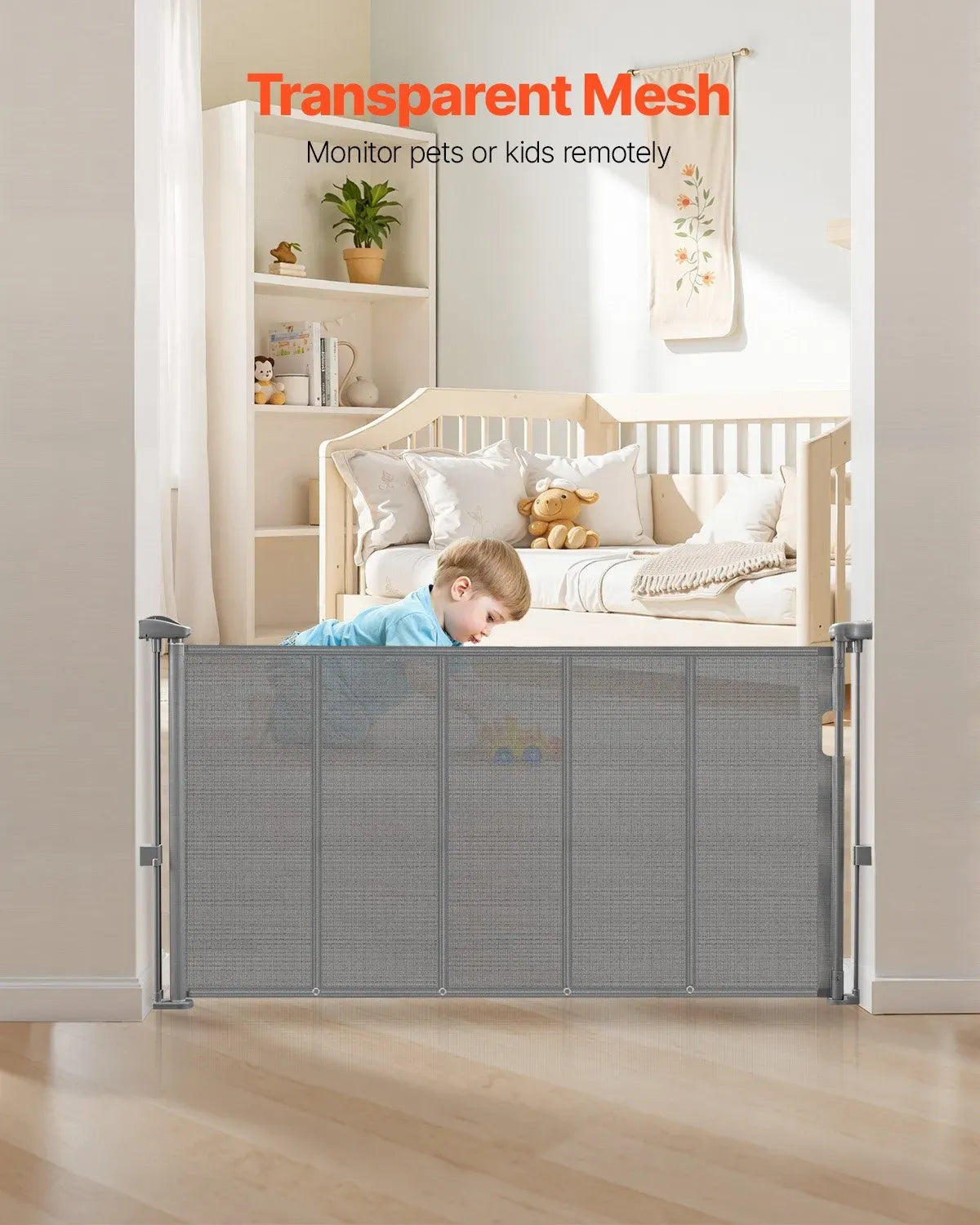 Gray retractable baby gate extending up to 1400mm, mesh safety gate for doorways and hallways from Everything Baby.