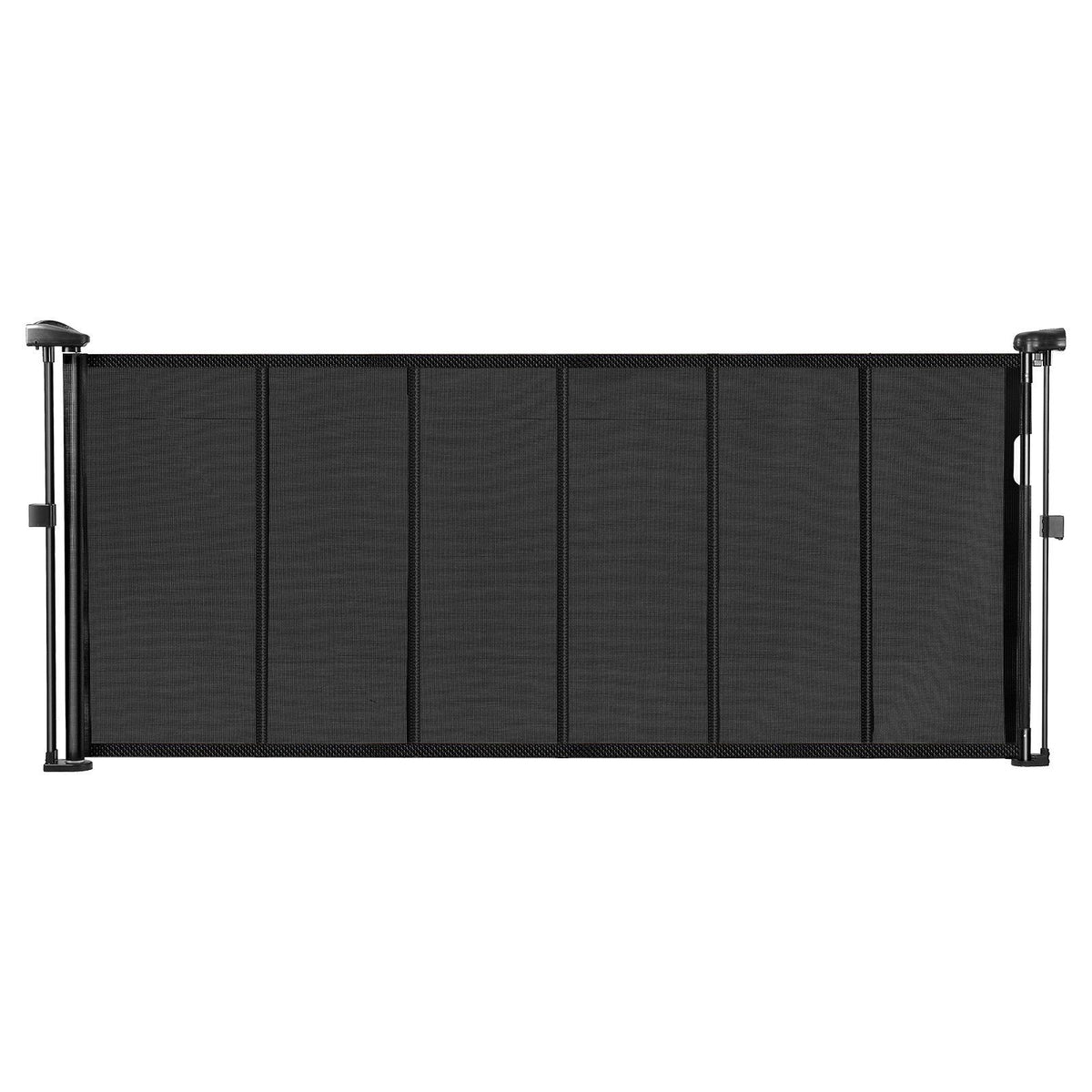 Black retractable mesh baby gate, 870mm tall and extendable to 1800mm wide, safety gate for stairs, doorways, and hallways.