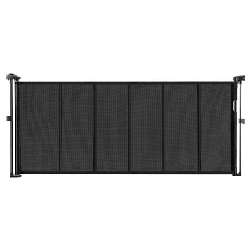 Black retractable mesh baby gate, 870mm tall and extendable to 1800mm wide, safety gate for stairs, doorways, and hallways.
