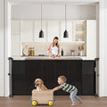 Black retractable mesh baby gate by Everything Baby, 870mm tall, extends to 1800mm wide, easy to install for stairs and doorways.