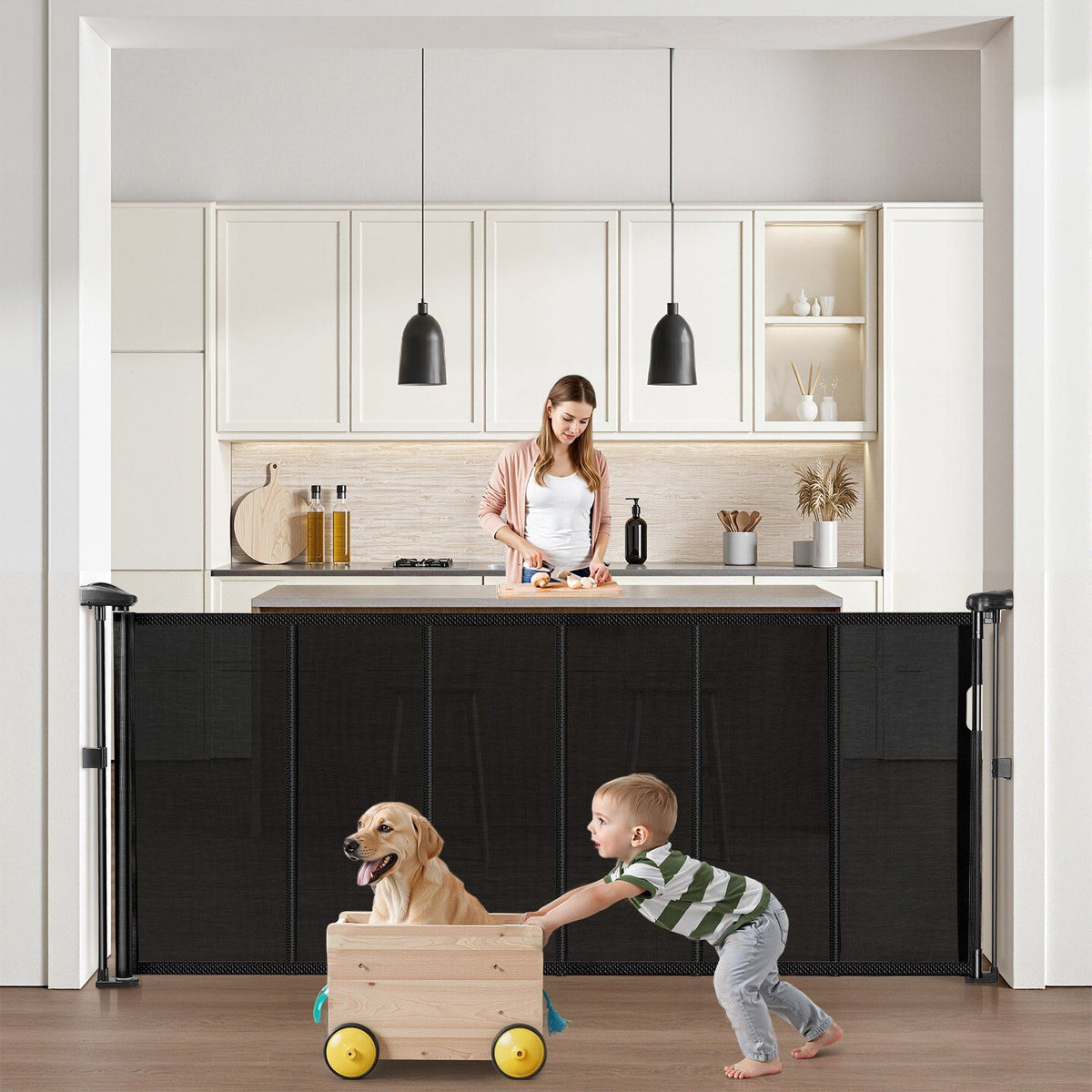 Black retractable mesh baby gate by Everything Baby, 870mm tall, extends to 1800mm wide, easy to install for stairs and doorways.