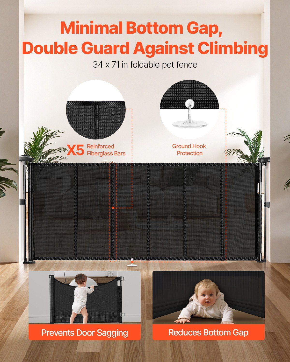 Black retractable mesh baby gate, 870mm tall and extendable to 1800mm wide, safety gate for stairs, doorways, and hallways.