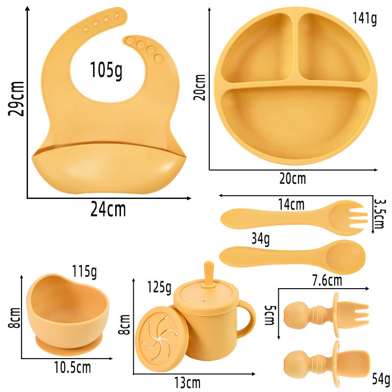 Off-white 8-Piece Silicone Children's Tableware Set - BPA-Free Baby Feeding Utensils with Wooden Fork and Spoon, Cup, Bowl, and Bibs