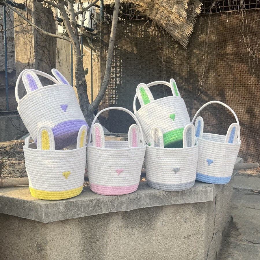 Green And White Stitching Charming Easter Egg Tote Basket - Cute Rabbit-Themed Handwoven Cotton Rope Candy Holder