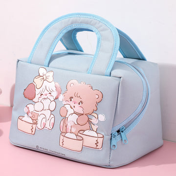 Blue Cute Cartoon Lunch Bag - Large Capacity Insulated Handbag for Students and Office Use