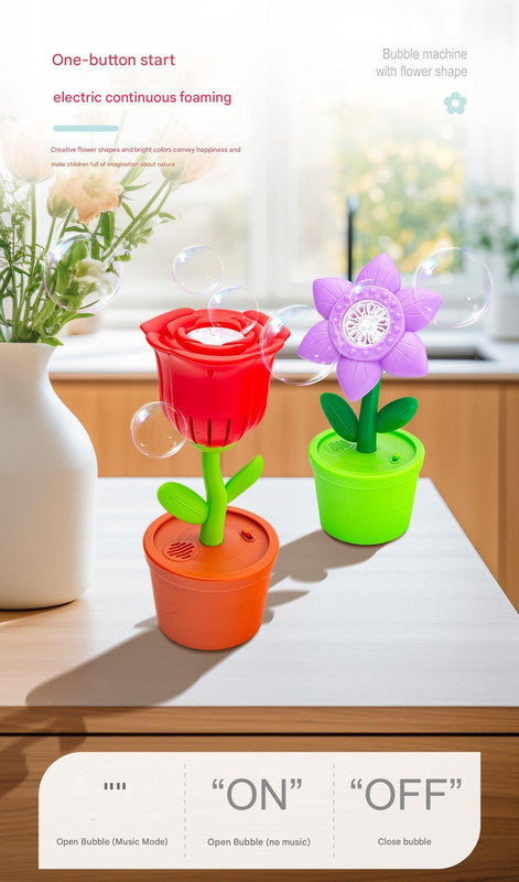 Electric Flower Bubble Machine with Music - Rechargeable, 10-Hole Output(Pink)