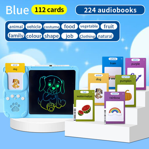 Blue (112 cards, pure English) Kids Interactive Early Education Toy: Combination Card Reader & LCD Drawing Board for Toddlers
