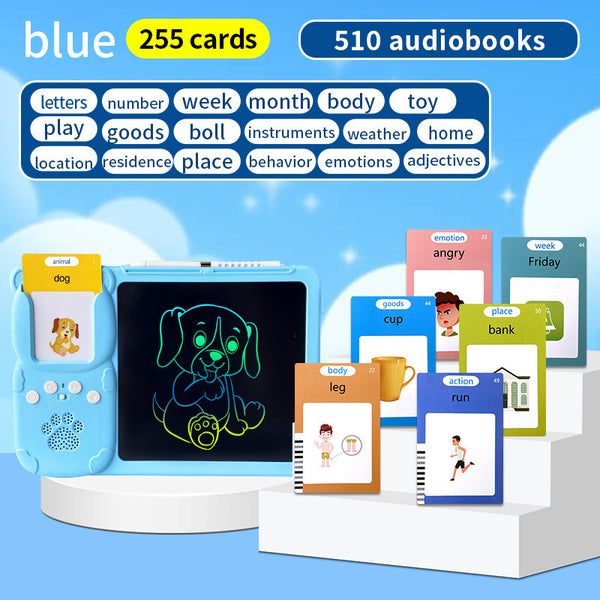 Blue (255 cards, pure English) Kids Interactive Early Education Toy: Combination Card Reader & LCD Drawing Board for Toddlers