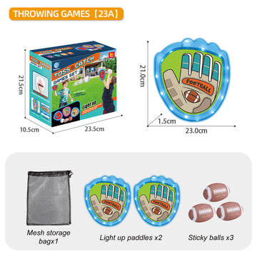 LED Light Up Toss and Catch Game Set - 2 Glowing Blue Paddles & 3 Sticky Rugby - Fun Outdoor Beach & Camping Toy for Kids & Adults - Includes Mesh Storage Bag