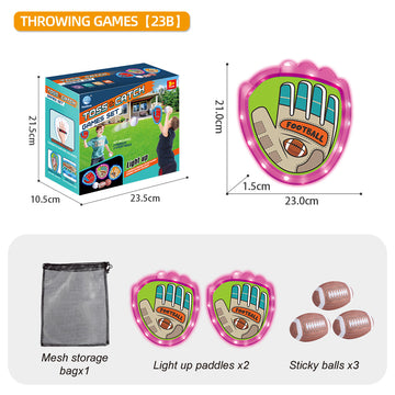 LED Light Up Toss and Catch Game Set - 2 Glowing Pink Paddles & 3 Sticky Rugby - Fun Outdoor Beach & Camping Toy for Kids & Adults - Includes Mesh Storage Bag