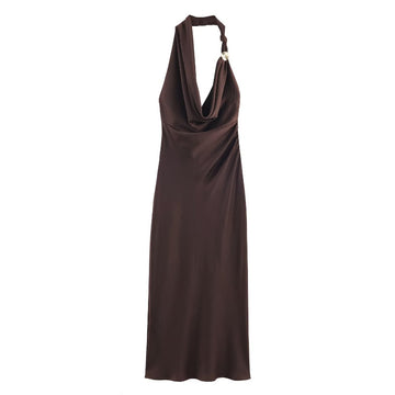 S Elegant Halter Neck Satin Midi Dress - Sexy Asymmetric Draped Evening Gown with Metal Hardware Accent for Women