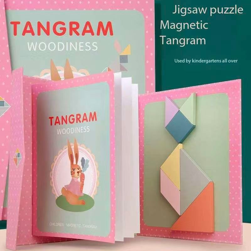 Pink magnetic tangram puzzle for kids with colorful geometric shapes, storage case, pattern guide, and Montessori educational toy.