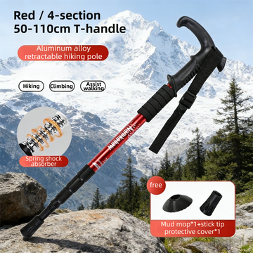 2 Pack Red Lightweight Outdoor Telescopic Aluminum Alloy Trekking Pole (50 to 110cm) - Unisex Anti-Slip Outdoor Walking Stick with Spring Shock Absorption & Ergonomic T-Handle, Free Mud Mop and Tip Cover