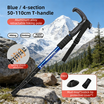 2 Pack Blue Lightweight Outdoor Telescopic Aluminum Alloy Trekking Pole (50 to 110cm) - Unisex Anti-Slip Outdoor Walking Stick with Spring Shock Absorption & Ergonomic T-Handle, Free Mud Mop and Tip Cover