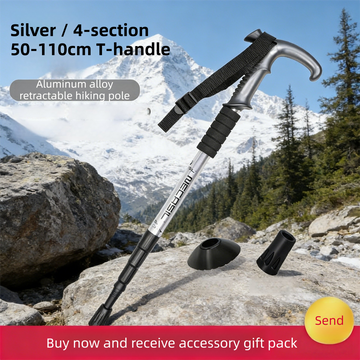 2 Pack Silver Lightweight Outdoor Telescopic Aluminum Alloy Trekking Pole (50 to 110cm) - Unisex Anti-Slip Outdoor Walking Stick with Spring Shock Absorption & Ergonomic T-Handle, Free Mud Mop and Tip Cover
