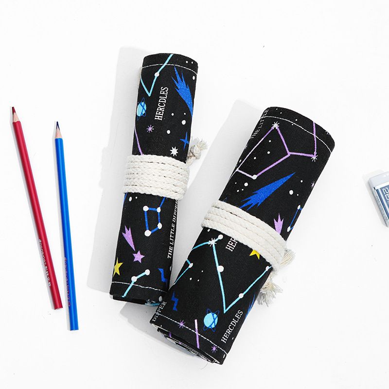 Starry Sky Roll-Up Pencil Case with 36 slots, canvas material, portable tie closure, ideal for drawing, sketching, and art supplies.