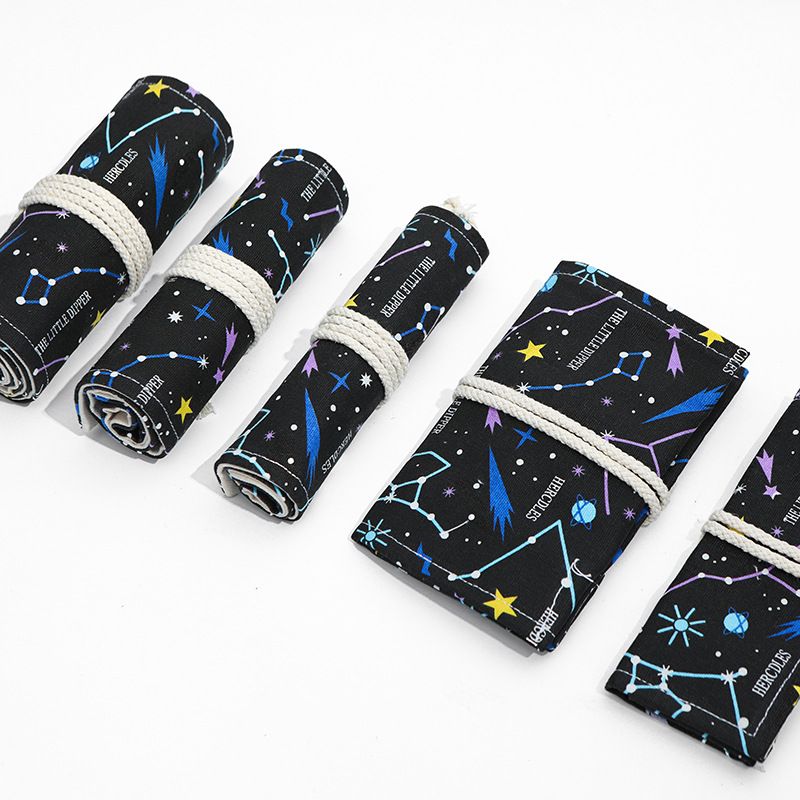 Starry Sky roll-up pencil case by Everything Baby with 48 slots, canvas design, tie closure, ideal for art and drawing supplies.