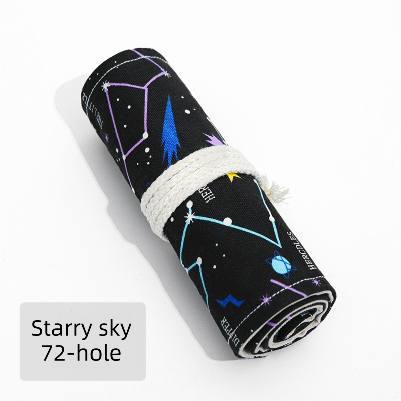 Starry Sky Roll-Up Pencil Case by Everything Baby with 72 slots, canvas design, tie closure, for storing drawing and art supplies