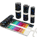 Starry Sky roll-up pencil case by Everything Baby showing 72 slots for drawing and art supplies, made of canvas, 82x20 cm size