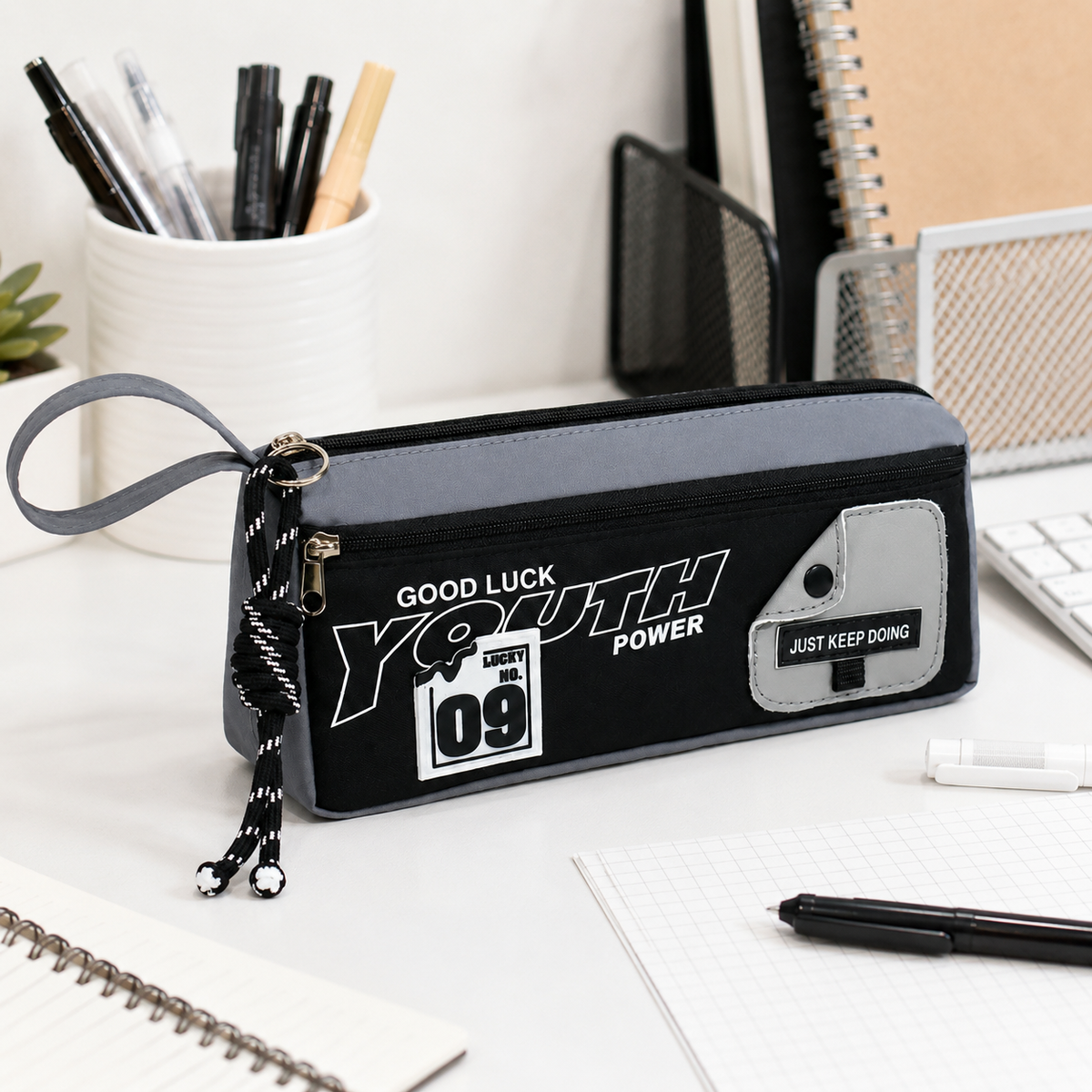 Large capacity black and gray double-zip pencil case by Everything Baby with front pocket, wrist strap, and 3D patch for kids stationery storage