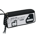 Black and white double-zip pencil case by Everything Baby with front pocket, wrist strap, and 3D patch for stationery storage.