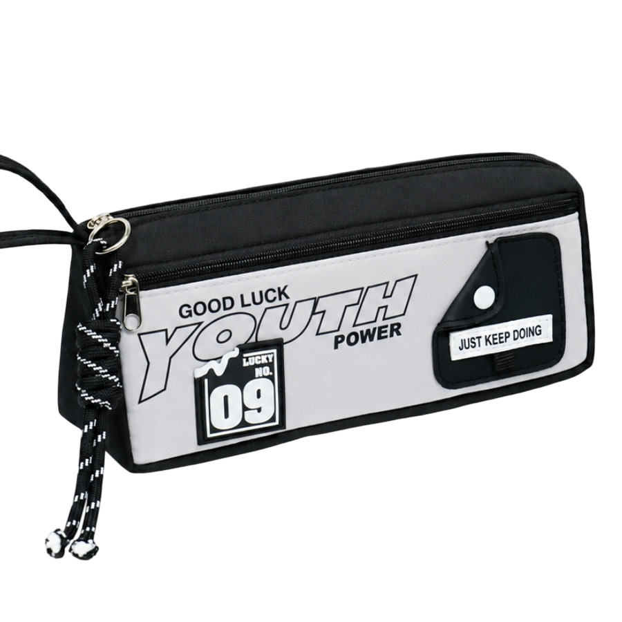 Black and white double-zip pencil case by Everything Baby with front pocket, wrist strap, and 3D patch for stationery storage.