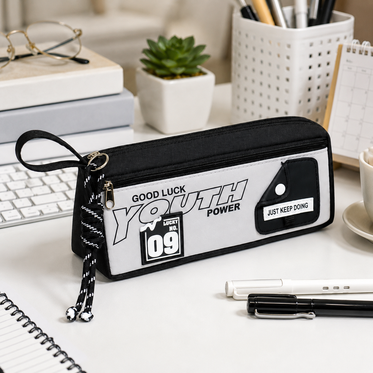 Large capacity black and white double-zip pencil case by Everything Baby, featuring front pocket, wrist strap, and 3D patch.
