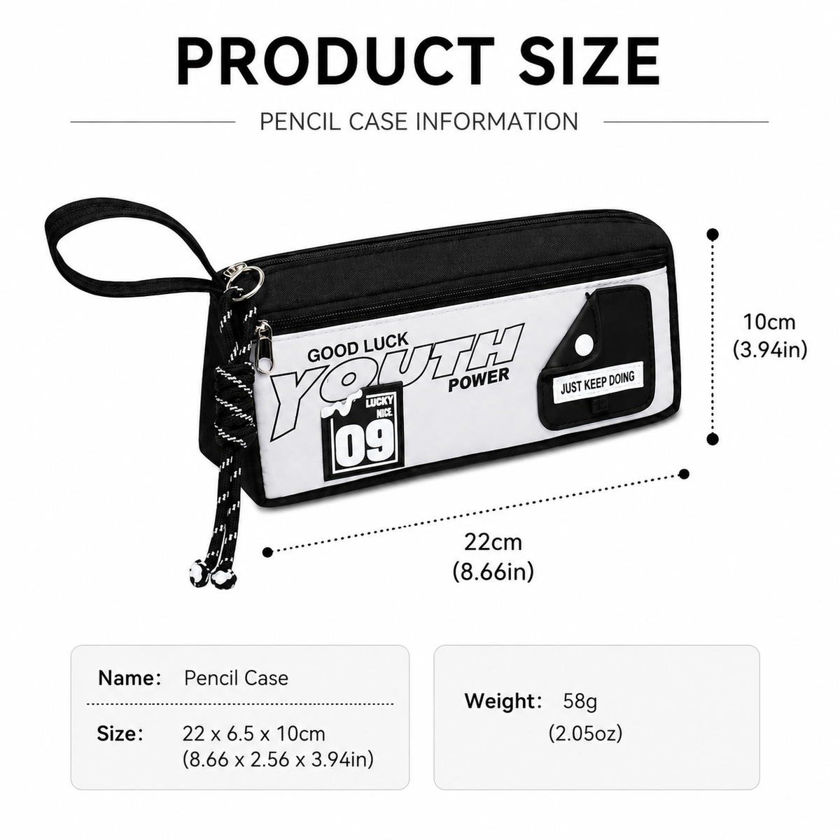 Large capacity black and white double-zip pencil case by Everything Baby with front pocket, wrist strap, and 3D patch for kids' stationery.