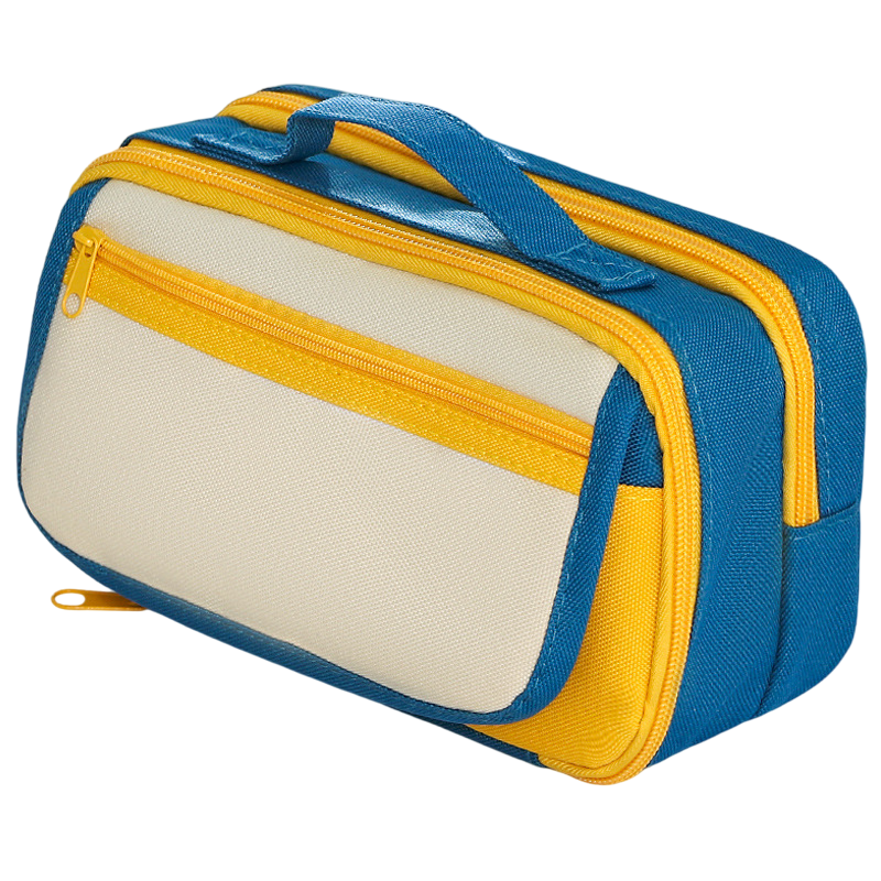Yellow multi-layer pencil case with handle from Everything Baby, featuring compartments and magnetic front pocket for stationery storage.