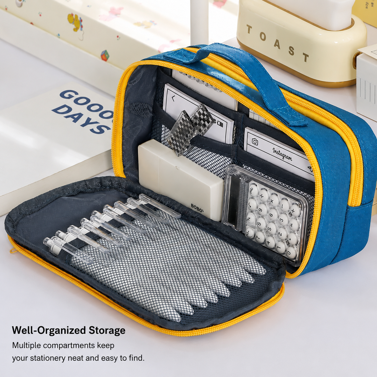 Yellow multi-layer pencil case with handle, compartments, and magnetic front pocket, designed for kids, size 21x10.5x6 cm.
