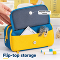 Yellow multi-layer pencil case with handle, magnetic front pocket, multiple compartments, designed for kids' stationery storage.