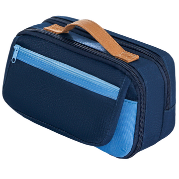 Large blue multi-layer pencil case by Everything Baby with handle, multiple compartments, magnetic front pocket, ideal for stationery storage.