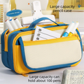 Large blue multi-layer pencil case with handle, compartments, and magnetic front pocket, ideal for kids' stationery storage.