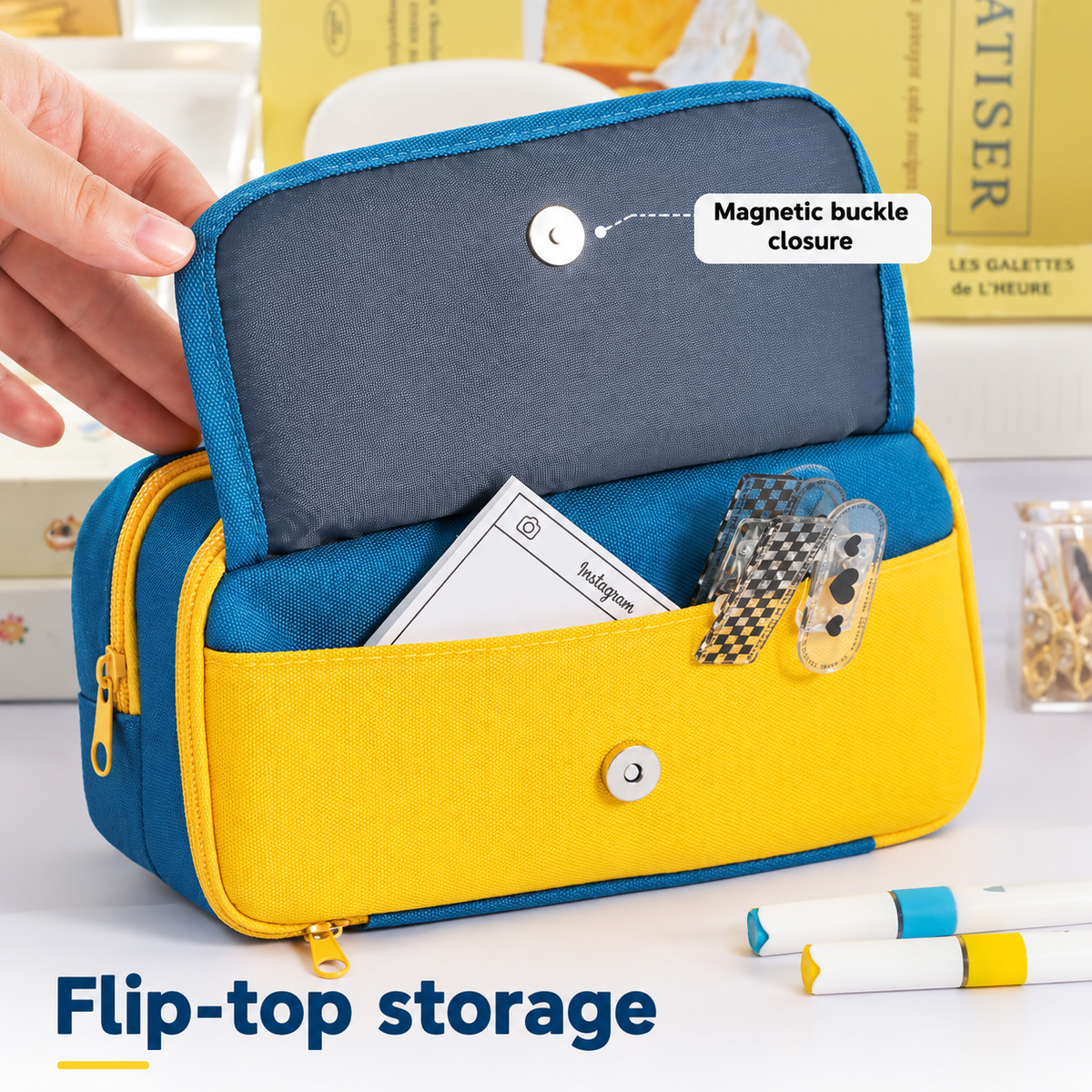 Large blue multi-layer pencil case with handle, multiple compartments, magnetic front pocket, ideal for kids' stationery storage.