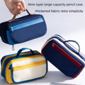 Red large capacity multi-layer pencil case with handle, magnetic front pocket, and multiple compartments for stationery storage.
