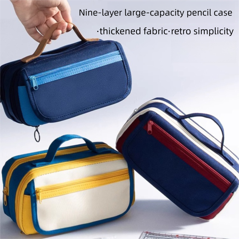 Red large capacity multi-layer pencil case with handle, magnetic front pocket, and multiple compartments for stationery storage.
