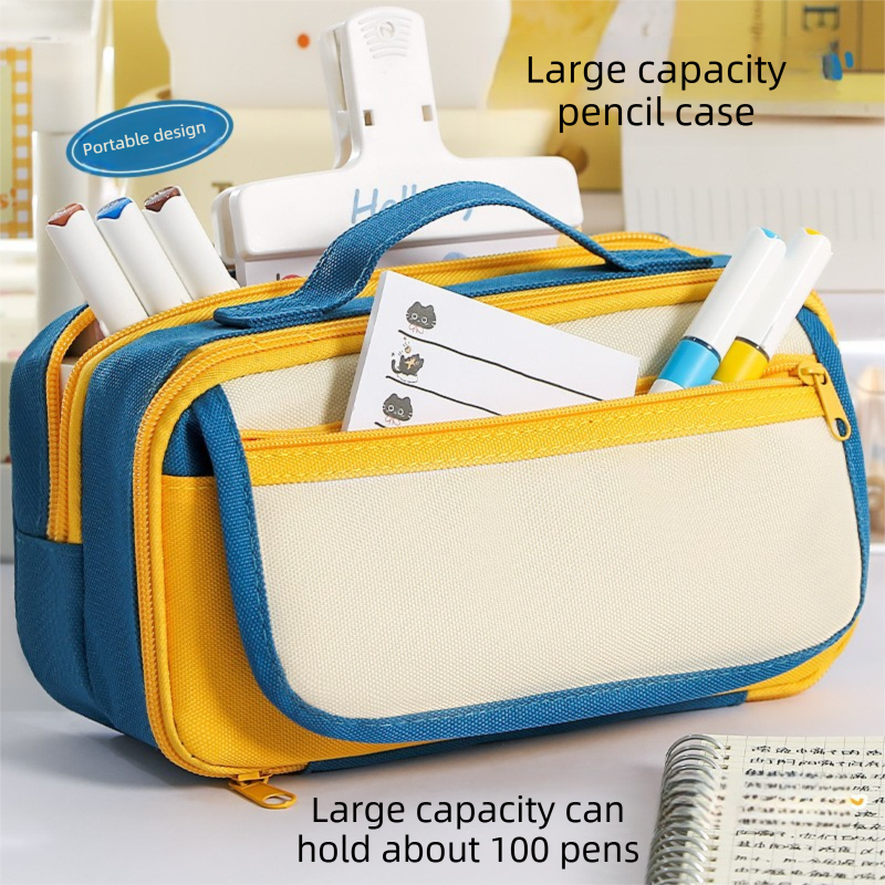Large red multi-layer pencil case with handle, multiple compartments, magnetic front pocket, ideal for kids' stationery storage.