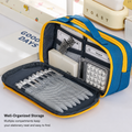 Red multi-layer pencil case with handle, compartments, and magnetic front pocket, designed for kids' stationery storage.