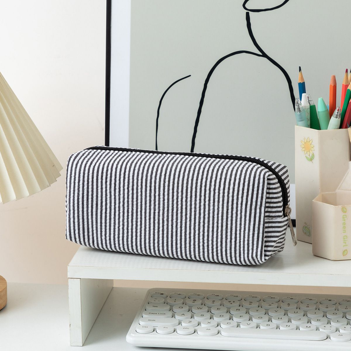 Large black and white striped pencil case by Everything Baby, fabric storage pouch for pens and pencils with smooth zipper.